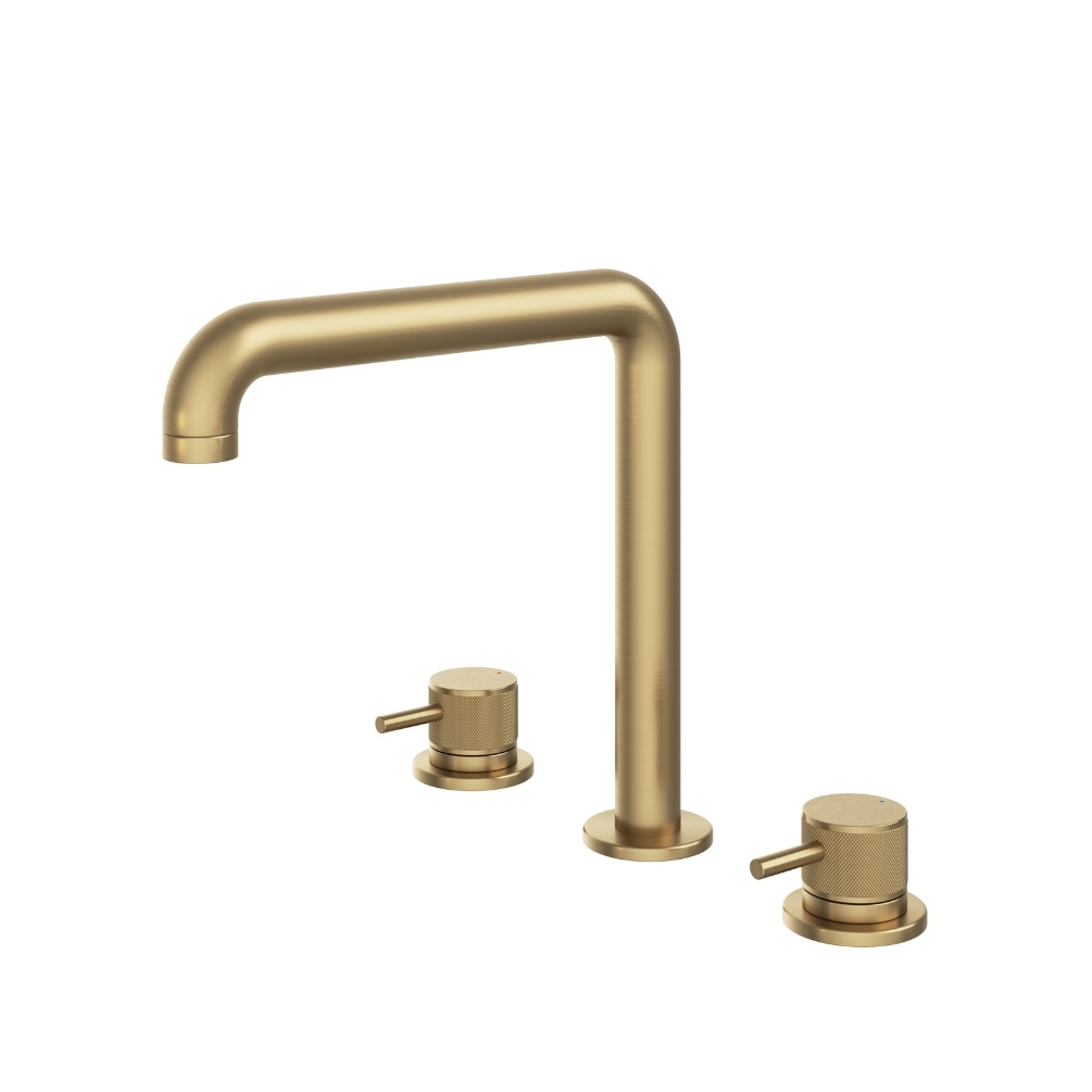 Product Cut out image of the Abacus Iso Pro Brushed Brass Deck Mounted 3 Tap Hole Basin Mixer